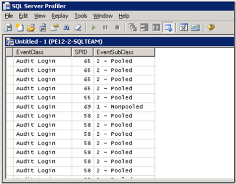 Image of Profiler showing pooled and non-pooled connections